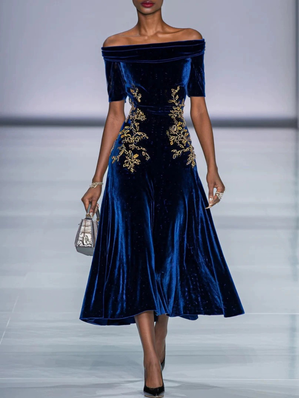 ZARA Embroidered Off Shoulder Collarless Cinched Waist Dress